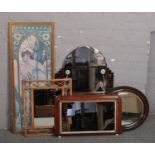 Four mirrors, to include Victorian example, along with a framed print.