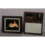A Chinese straw work picture of a kitten and a mirror in ebonized frame.