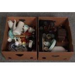 Two boxes of miscellaneous, mainly ceramics, Royal Worcester, Coalport, Royal Doulton examples