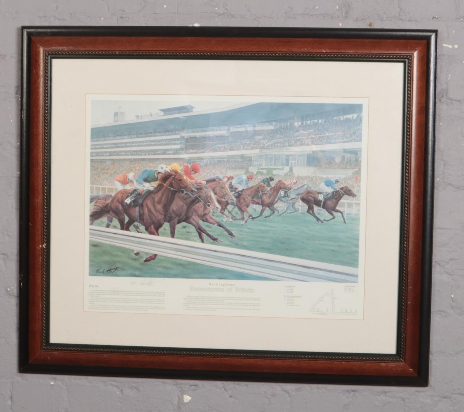 A Buckingham's Racecourses of Britain, horse racing print signed Paul Hart, (approx 58 cm x 40 cm)