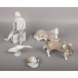 Four Lladro ceramic figures, Little Duck No. 04551 14cm long, Little Horse Resting 1203 approx