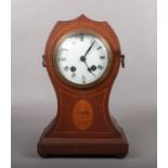 An Edwardian inlaid mahogany balloon mantel clock. With 8 day German cylinder movement by Haas and