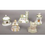 Five Coalport Cottage figures, 'The Summer House', 'Jyrolean Castle' 'Dove Cote' 'The Umbrella