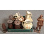 A box of ceramics and metalwares including an Eccles miners lamp, Edwardian biscuit tins and a