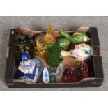 A box of miscellaneous including a collection of carnival glass shoes, pottery duck shelf