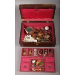 A Victorian rosewood workbox (AF) containing haberdashery, costume jewellery and collectables etc.