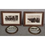 Two brass port hole mirrors and a pair of prints depicting monks at various pursuits.