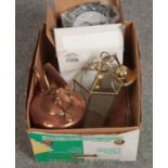 A box of miscellaneous, vintage copper kettle, two lantern lights