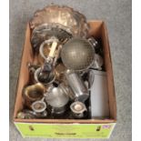 A box of metalwares, to include stainless steel and silverplate teawares, trays etc.