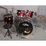 A Aria 5 piece drum kit with assorted cymbals and Yamaha foot pedal.