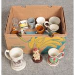 A box of sports ceramic wares, Wedgwood, Sadler, Franklin Porcelain examples