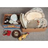 Two boxes of ceramics and collectables including quantity of caddy spoons, pottery meat plates and a