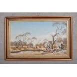 Boy Molefe, A framed oil on board, African landscape with elephants. (30cm x 50cm).