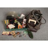 A box of miscellaneous collectables, to include penknives, medical infra red lamp, cymbals,