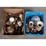 Two boxes of miscellaneous and collectables. Including two pairs of field binoculars, Indian