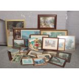 A large collection of pictures and a gilt frame mirror, to include limited edition John Rudkin