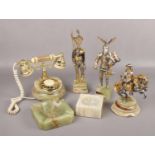Three Italian cast metal and onyx statues, knight, French soldier and a mounted cavalier. Along with