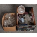 Two boxes of glassware to include art glass, decanters, oil lamp shade, vases etc.