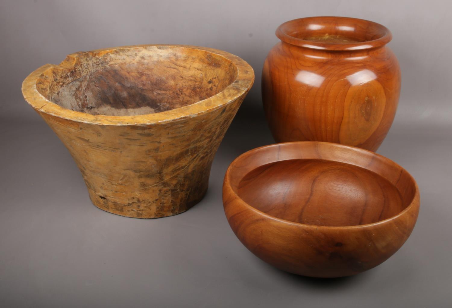 Three Large hard wood Vases & Bowls.