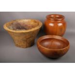 Three Large hard wood Vases & Bowls.