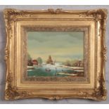 A 20th century Dutch style gilt framed oil on board. Winter landscape with figures ice skating, 20cm