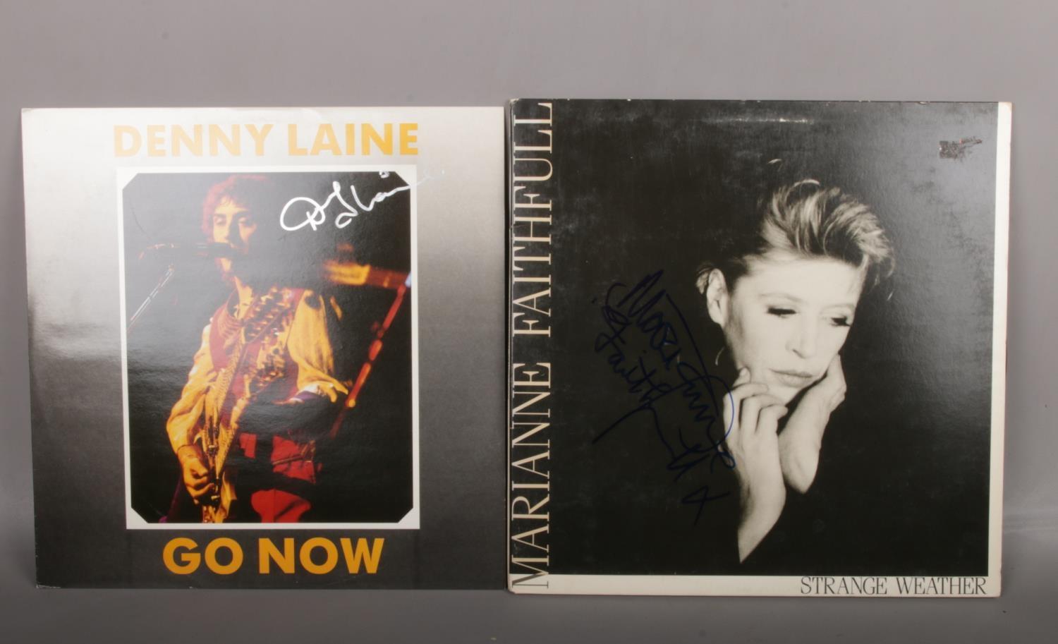 An autographed Marianne Faithful Strange Weather LP record, along with an autographed Denny Laine Go