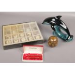 A Poole pottery dolphin, case of minerals and gemstones, boxed Conway Stewart rolled gold pen and