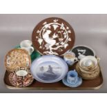 A tray of mixed pottery and china etc. Including a pate sur pate dish, Royal Copenhagen dish,