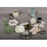 A collection of ceramics and glasswares to include green glass vases, oriental cup & saucer, glass