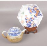 A Japanese Meiji dish with imari pattern scalloped edge to include Japanese teapot