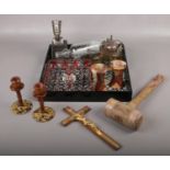 A tray of collectables, to include Egyptian bust, mallet, Smiths clock, tortoise shell effect