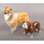 A bisque Beswick model of a rough collie, along with a Sylvac model of a Bulldog.