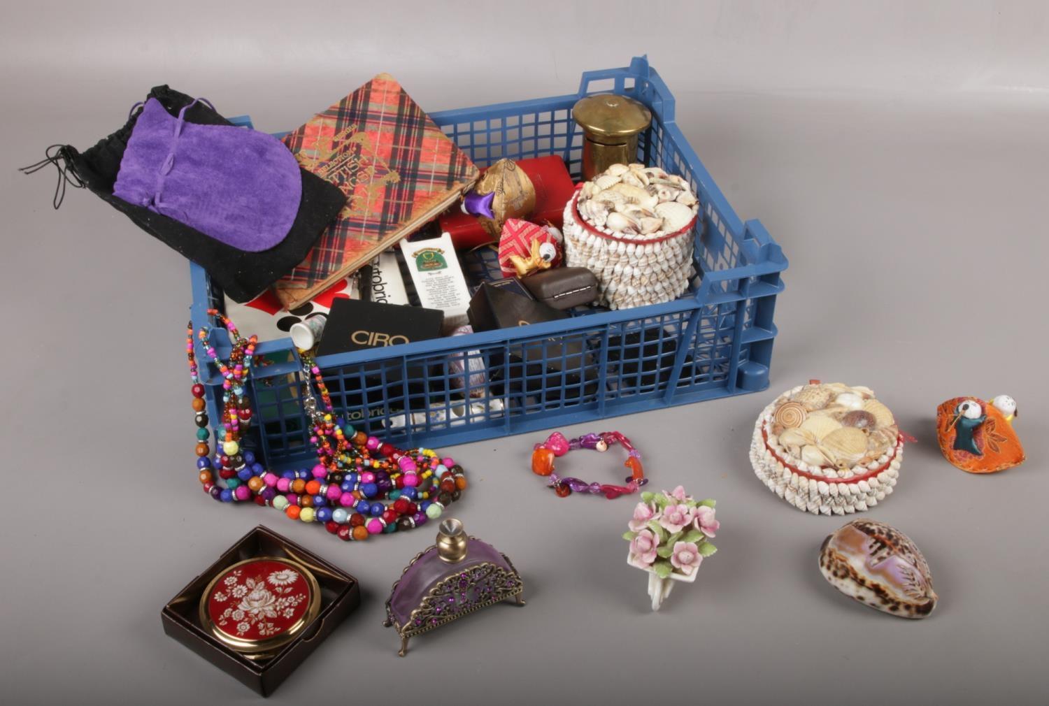 A collection of collectables, seashell tricket boxes, beads, Royal Albert 'Lavender Rose' examples