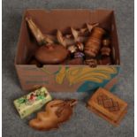 A box of miscellaneous wooden wares, vases, bowls, boxes etc