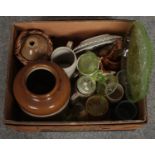 A box of miscellaneous, glass dressing table set, ceramic tankards, storage jar etc