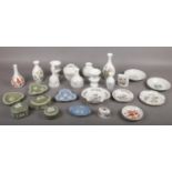 A collection of Wedgwood, Jasperware, Wild Strawberry, Kutani Crane, bud vases, pin dishes, trinkets