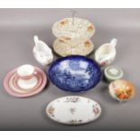 A group lot of ceramics to include Royal Worchester trio, blue and white landscape printed plate,
