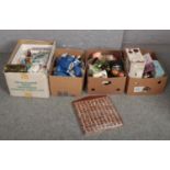 Four boxes of miscellaneous to include Del Pardo figures, ceramics, thimbles in wall display,