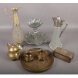 A group lot of metalwares to include silver plate ballet dancer centrepiece, silverplate tray,