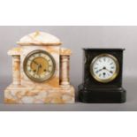 A Victorian alabaster cased 8 day mantel clock striking on a gong along with a slate mantel clock