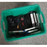 A Sony Playstation 2 along with a collection of games.