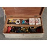 A painted tool chest with contents of Makita drill, screwdrivers etc.