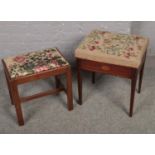 An Edwardian mahogany fan patery inland piano stool along with another similar example.