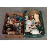 Two boxes of miscellaneous, mainly ceramics, elephant, horses, dogs