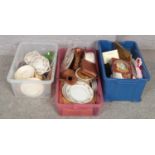 Three boxes of miscellaneous to include coloured glass, copper ewers, dinnerwares etc.
