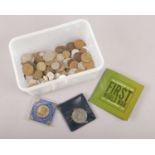 A box of British pre decimal and world coins, to include Victorian silver examples.