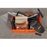 A box of miscellaneous, Silverline folding shovel, Taymar LG874 paint stripping set, cased