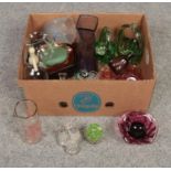 A box of coloured & cut glass, cranberry bowls, Davidson candlesticks, Horlicks mixer examples