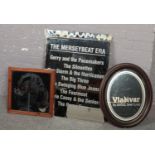 Two advertising mirrors to include Merseybeat Era and Vidivar along with a Marylin Monroe mirror.
