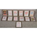 A collection of 13 framed reproduction Beatles concert advertising hand bill/ flyers.